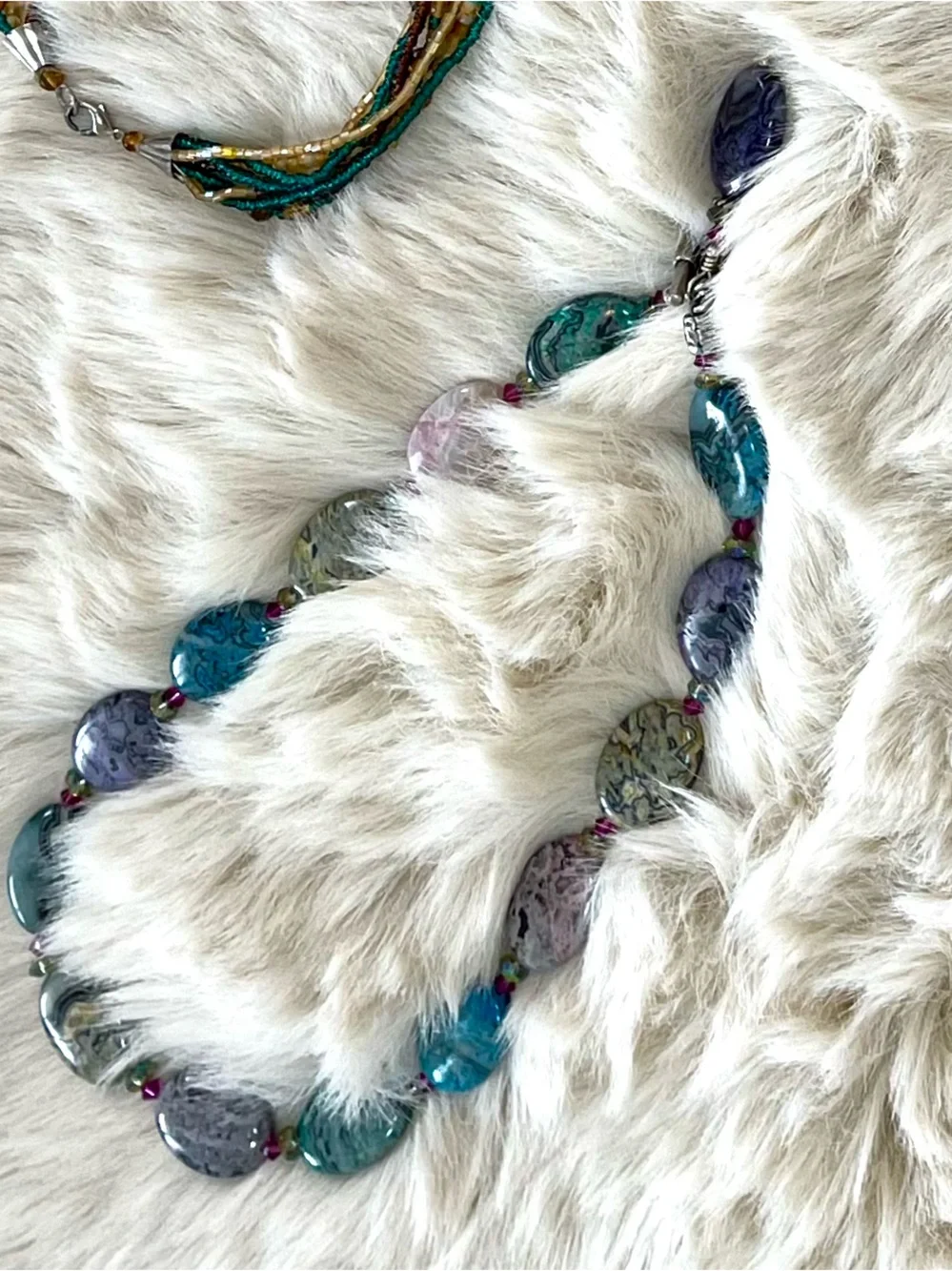 3 Multi-Strand Beaded Necklaces Set in Teal and Amber, multi stones
